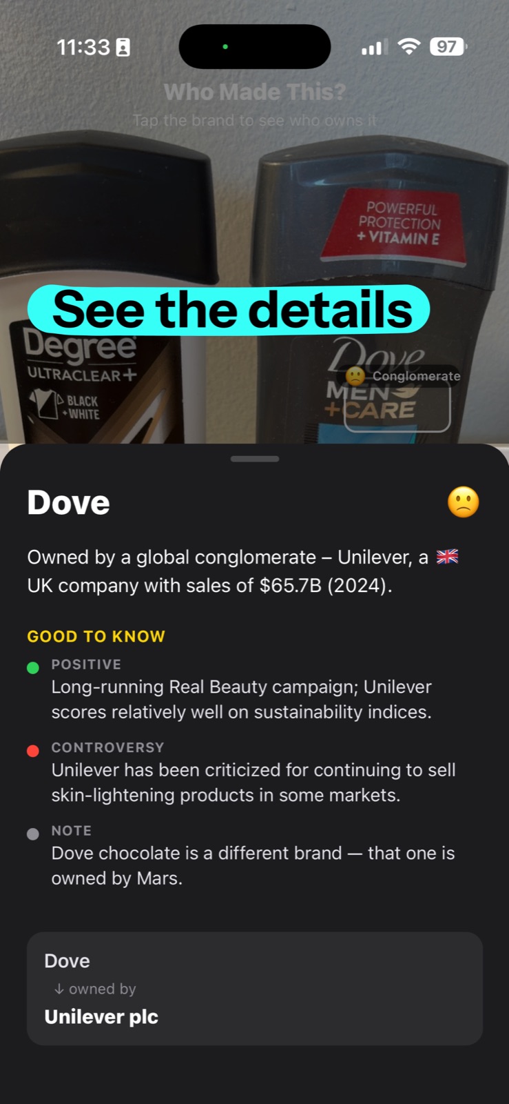 Detail card: Dove, owned by Unilever plc, with good-to-know notes